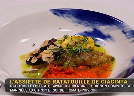 Ratatouille en fagot, caviar d'aubergine et oignon compoté, courgettes marinées au citron et sorbet tomate-poivron