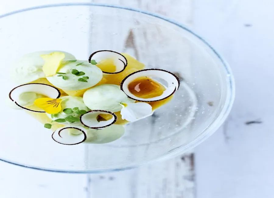 Crémeux avocat, ananas rôti et éclats de coco