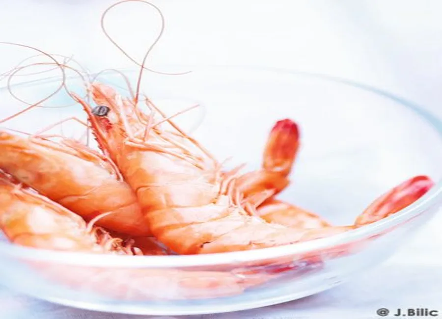 Crevettes grillées, basilic chinois, huile de sésame