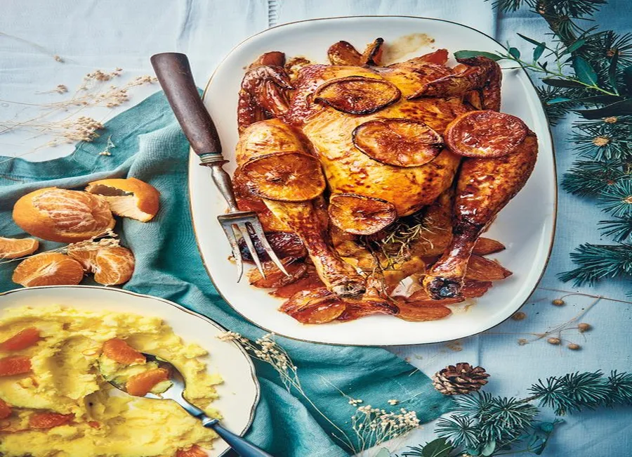 Poulet aux mandarines, purée safranée