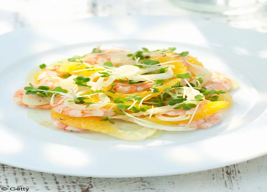 Salade de cresson au pomelo, clémentine et crevettes pimentées