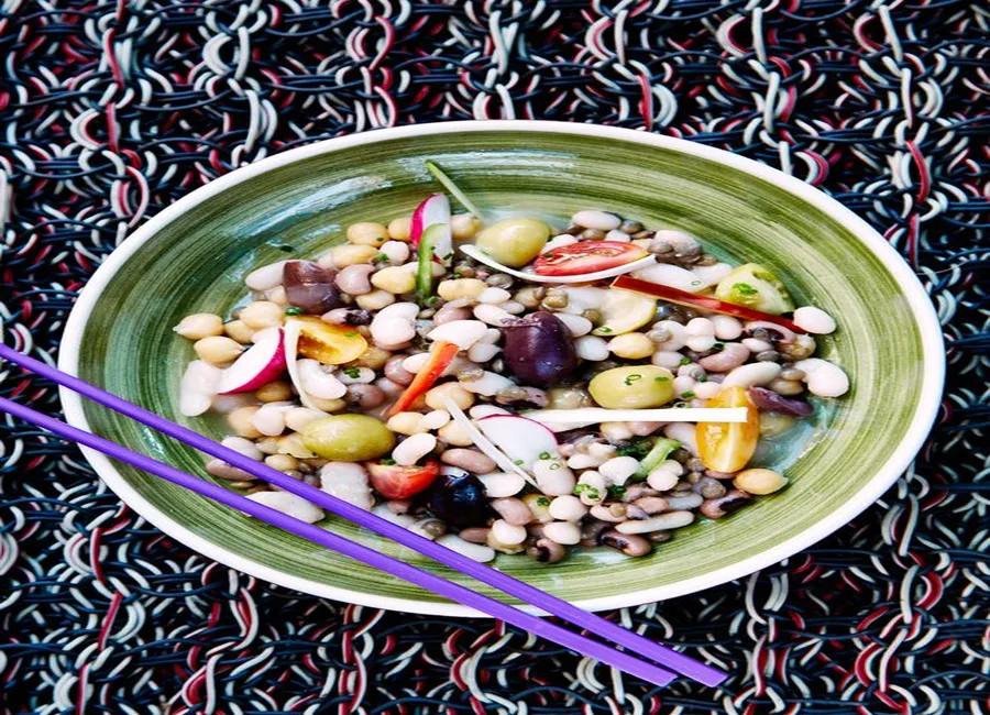 Salade de légumes secs, émulsion de jus de cuisson