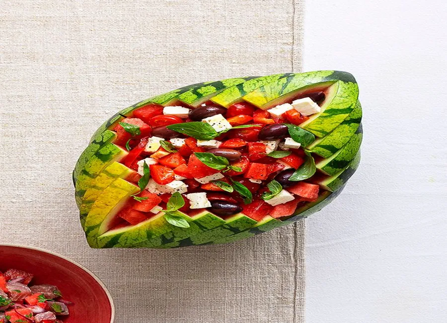 Salade de pastèque, poivron, basilic et feta