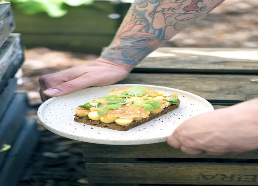 Smørrebrøds pommes de terre, cresson et peau de poulet