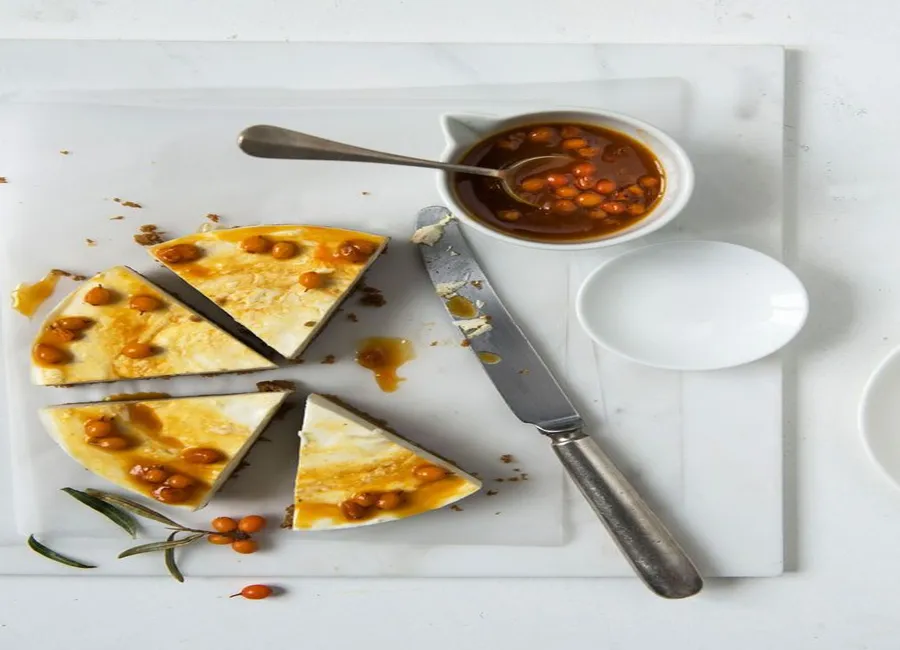 Tarte au coulis de baies d'argousier