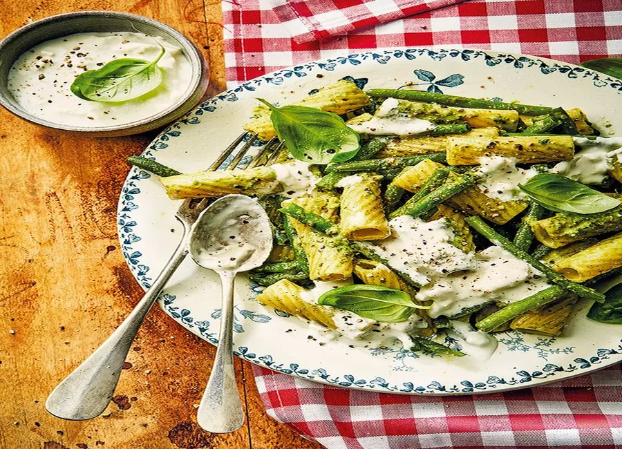 Tortiglioni au pesto verde et haricots verts