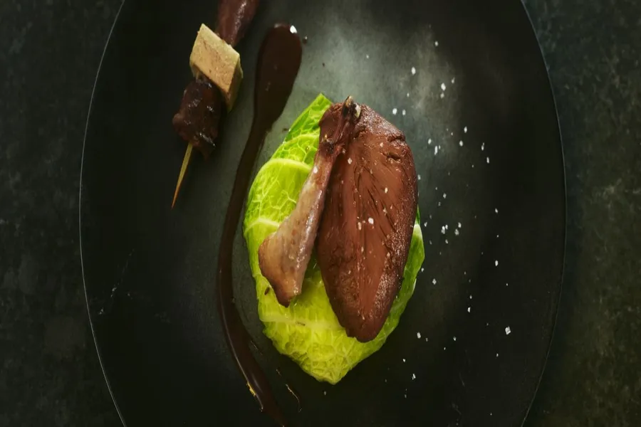 Pigeonneau de nid d'alsace, suprême et cuisse, chou farci de choucroute, sauce au chocolat xocopili