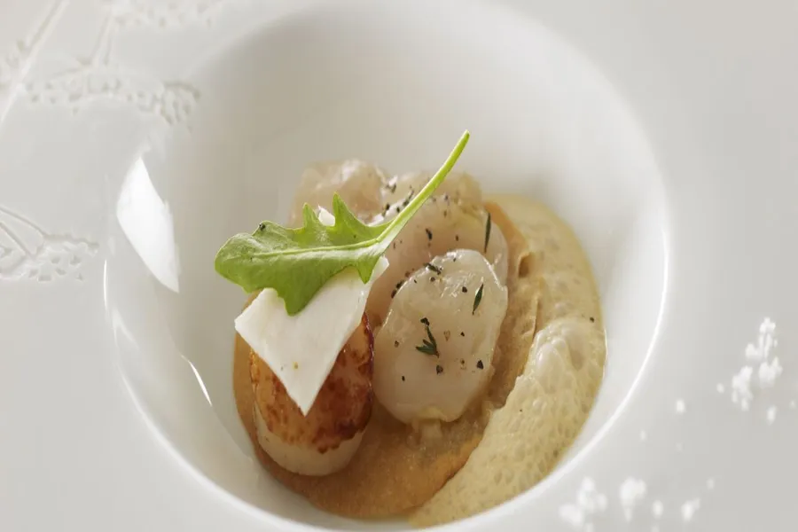 Tatin de coquilles saint jacques et pommes, bouillon pomme - châtaigne
