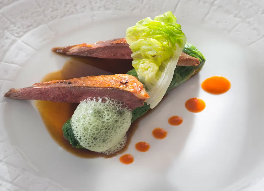 Filets de pigeon abats en caillette de laitue