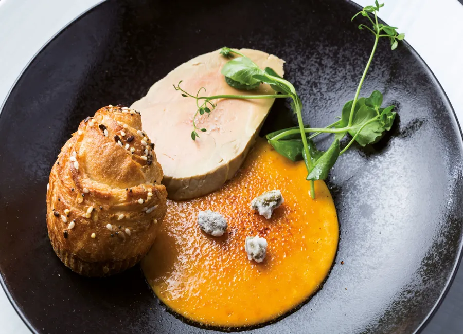 Foie gras de canard crème brûlée de patates douces agrumes