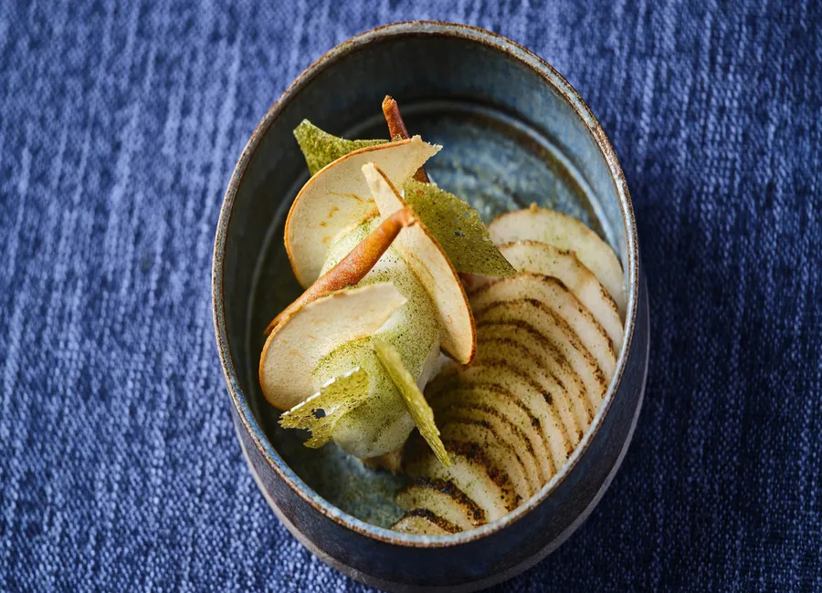 Poire juste mûrie, sorbet laurier