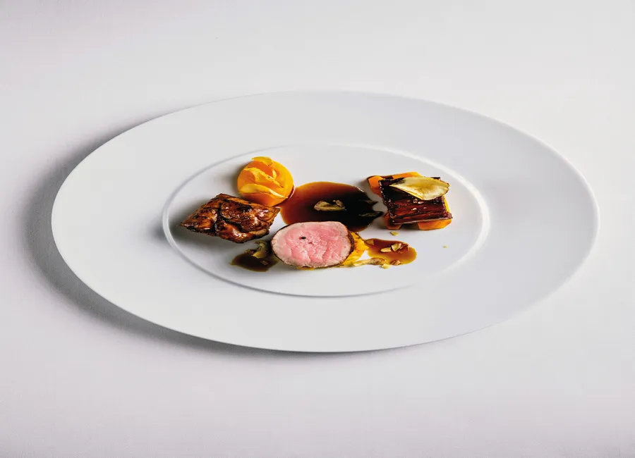 Autour du veau français, texture potimarron-châtaigne