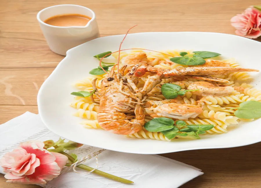 Fusilli aux langoustines et épinards