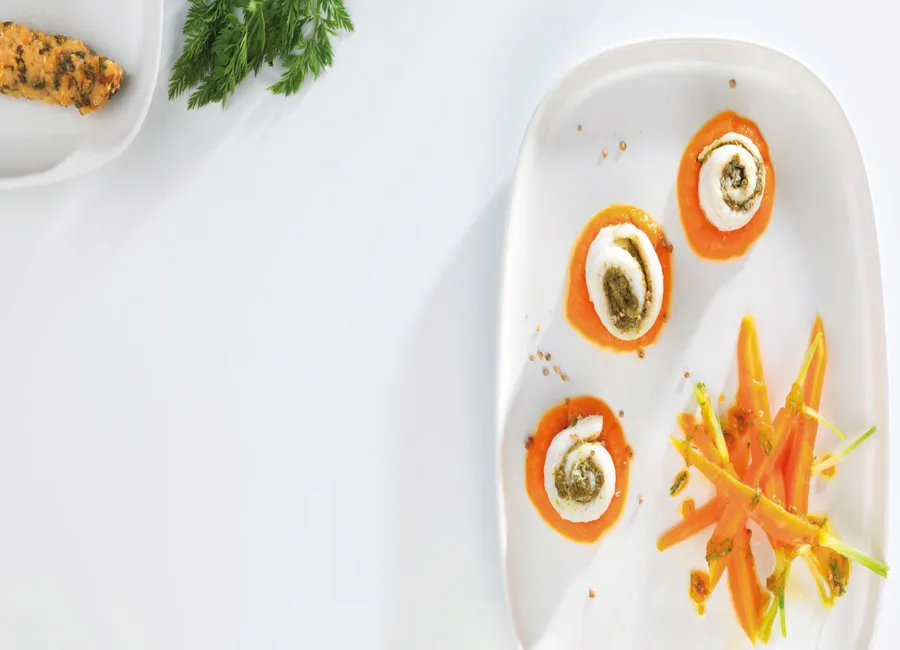 Roulés de sole au pesto, jeunes carottes à la coriandre