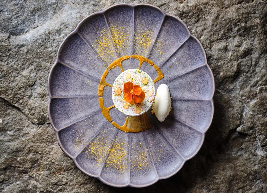 Le pamplemousse, fine coque de meringue glacée, pamplemousse rose en salade, peau confite au jus d’agave