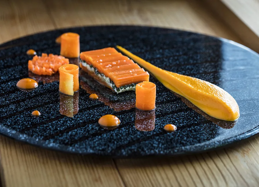 Carotte en ravioli, purée et brunoise