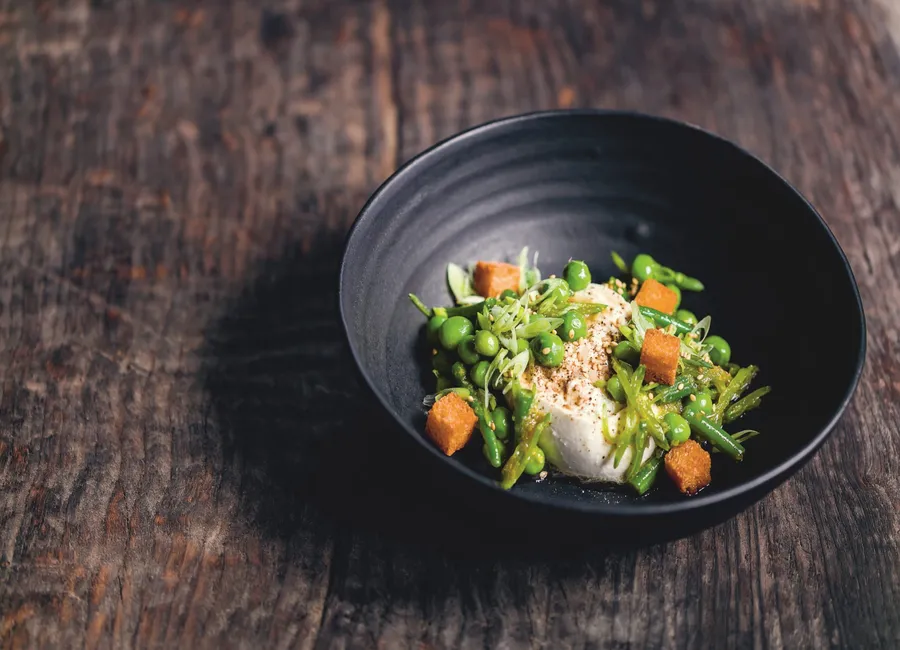 Burrata di bufala, légumes verts, vinaigrette au sésame