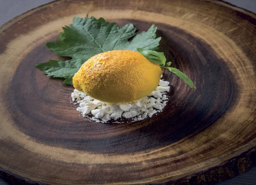 Dessert citron basilic, feuilles de vigne