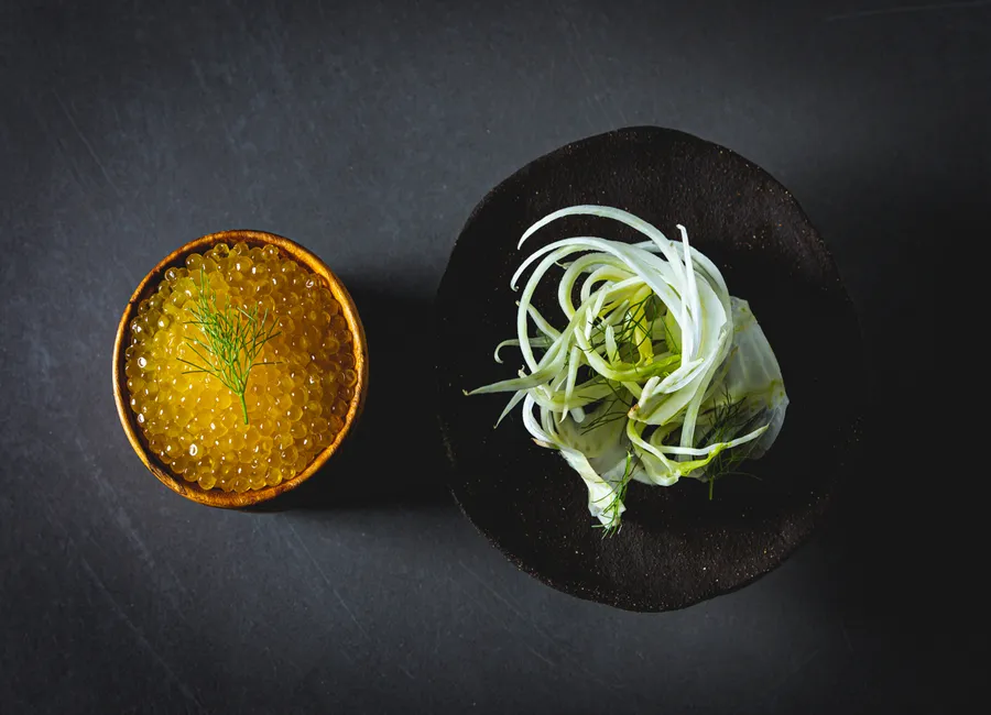 Crème prise au fenouil, salade à crue et œufs de truite