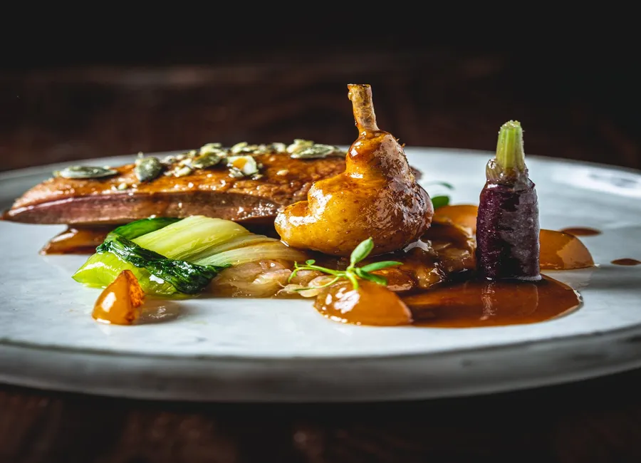 Pigeon de « corton » à la mirabelle, fondue d’oignons blancs