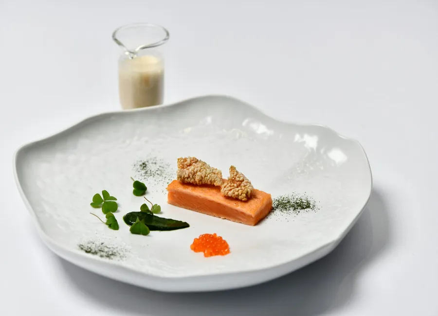 Truite, coulis d’oxalys, sauce reine des prés