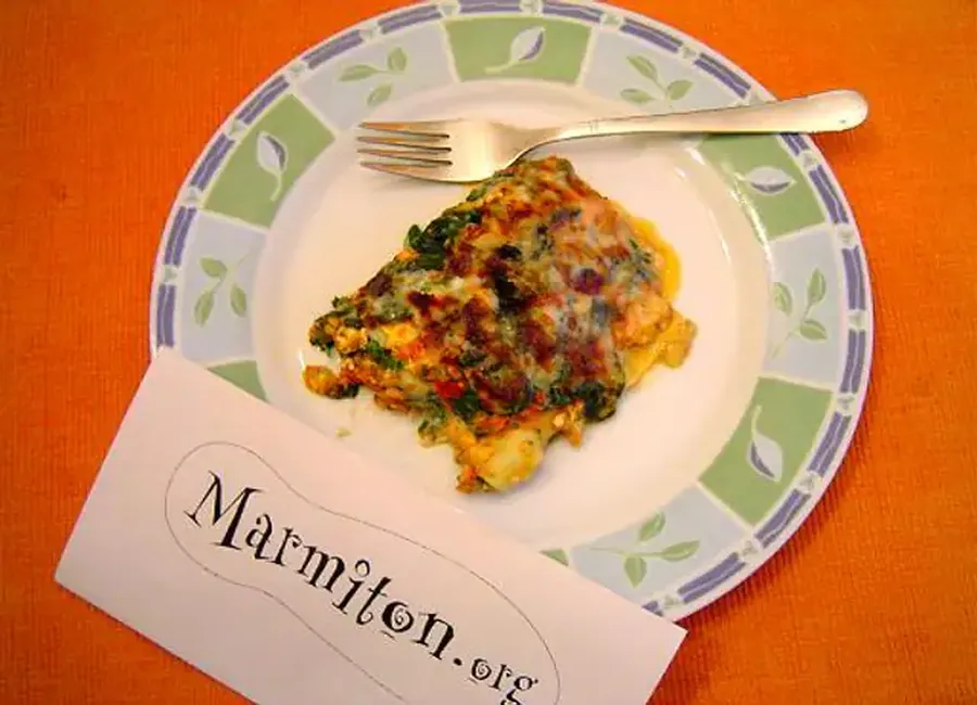Lasagnes au poulet, épinards et feta, sauce au poivron