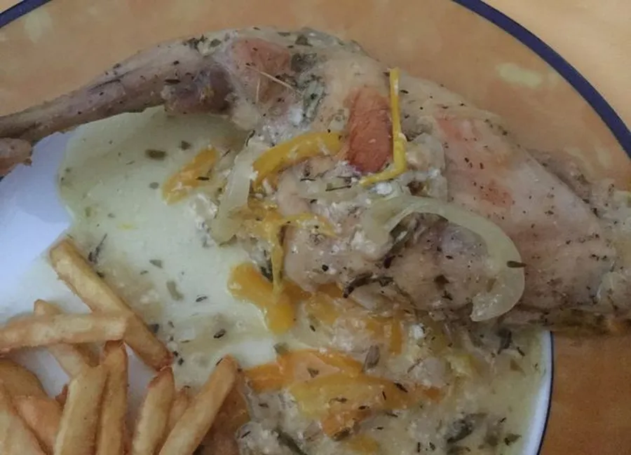 Lapin aux oignons, sauce au vermouth