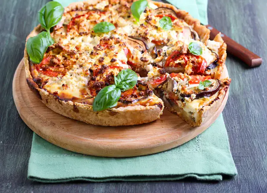 Quiche chèvre, aubergines et tomates
