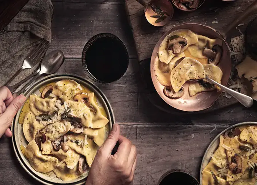 Ravioles à la crème de poireaux et champignons