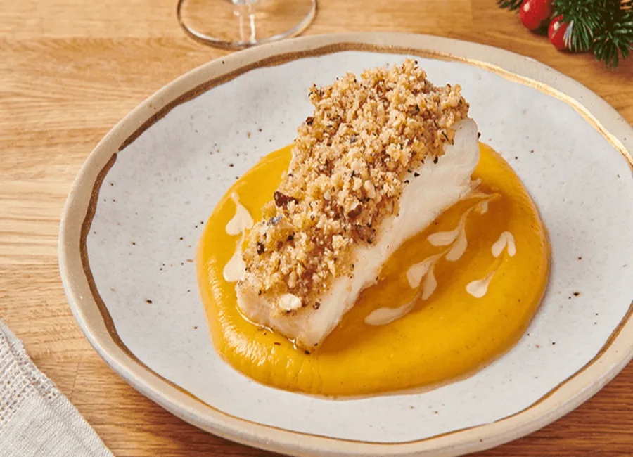 Dos de cabillaud croustillant aux noisettes courge butternut à la cannelle