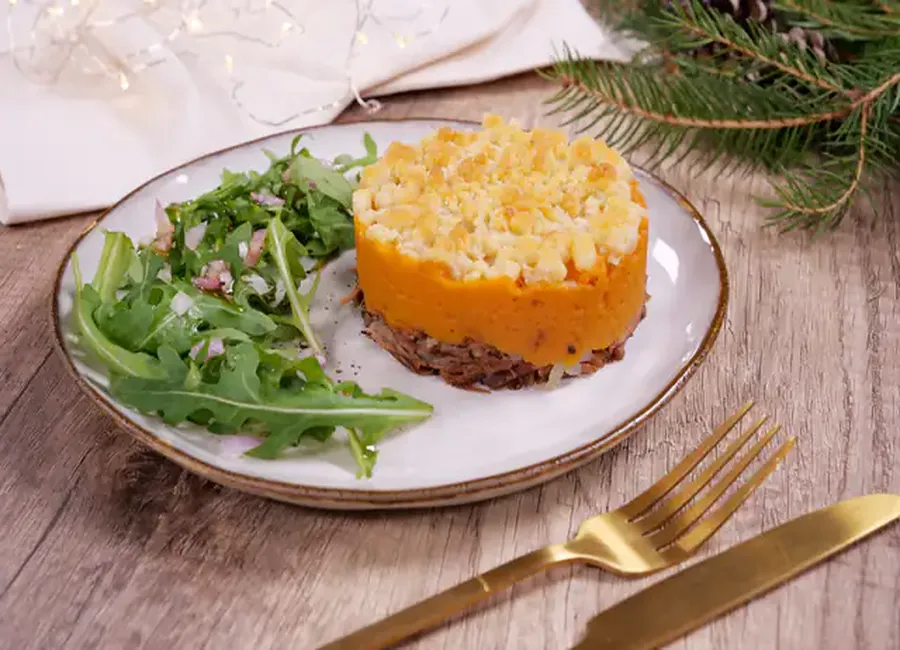 Crumble hachis parmentier de canard patate douce aux épices