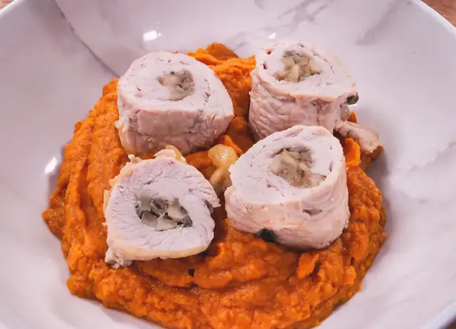 Roulés de dinde aux champignons, purée de patate douce