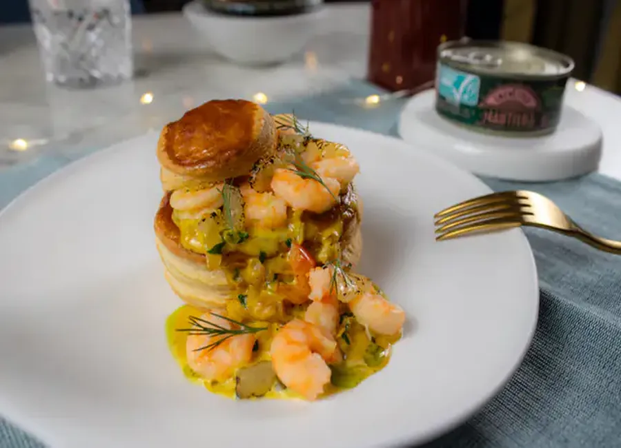 Feuilletés de crevettes sautées coco et citron brûlé