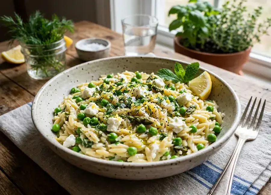 Orzo citron, petits pois & feta fraîche