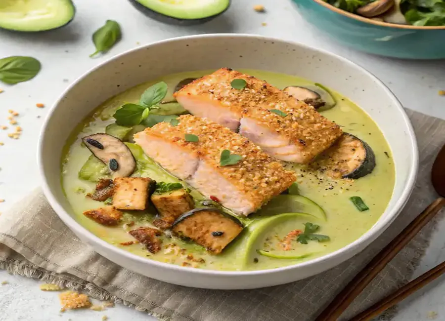 Curry vert au lait de coco, saumon en croûte panko, coriandre, gingembre