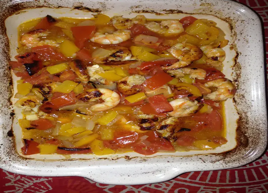 Crevettes poivron tomates au four