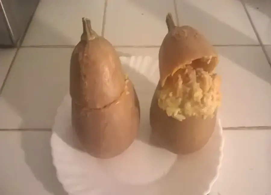 Butternut farci au poisson, riz et lait de coco