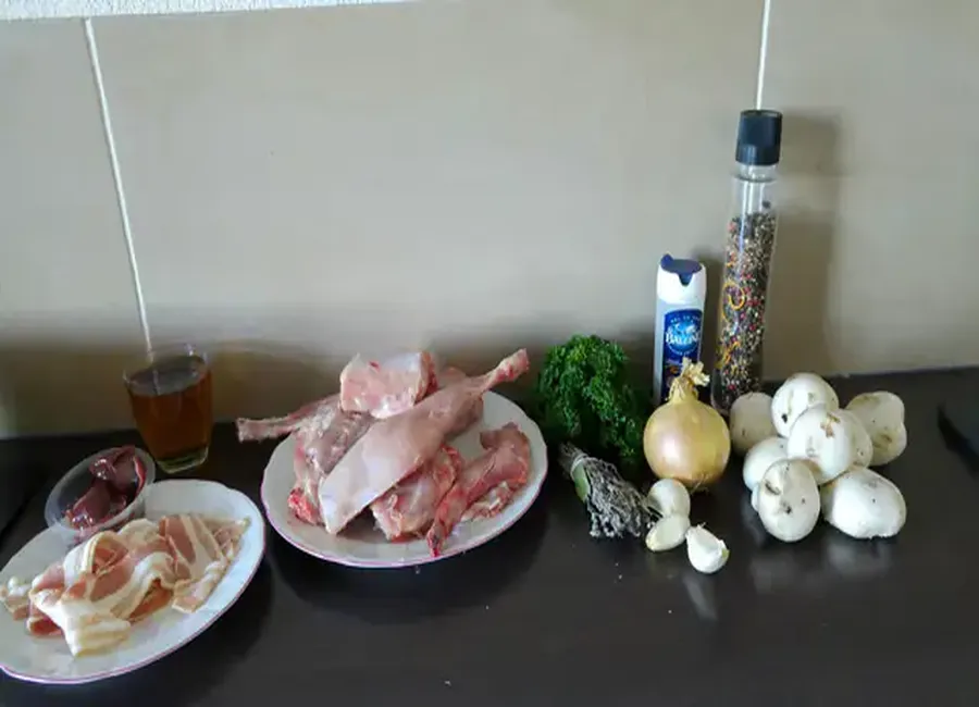 Lapin aux tomates, champignons et lardons