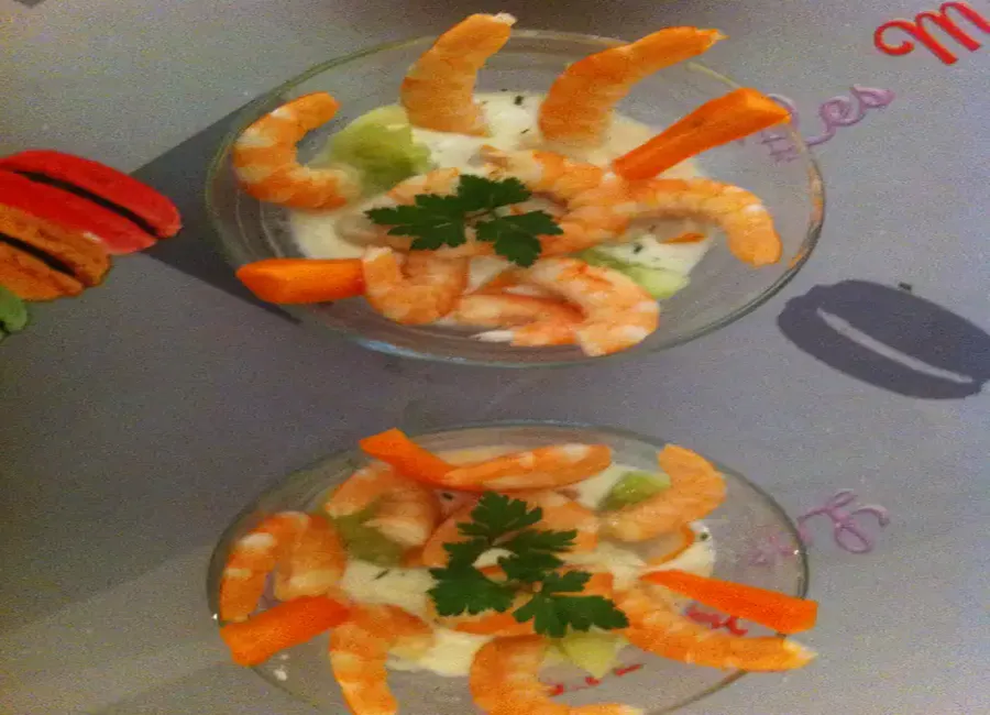 Crevettes et petits légumes au fromage blanc
