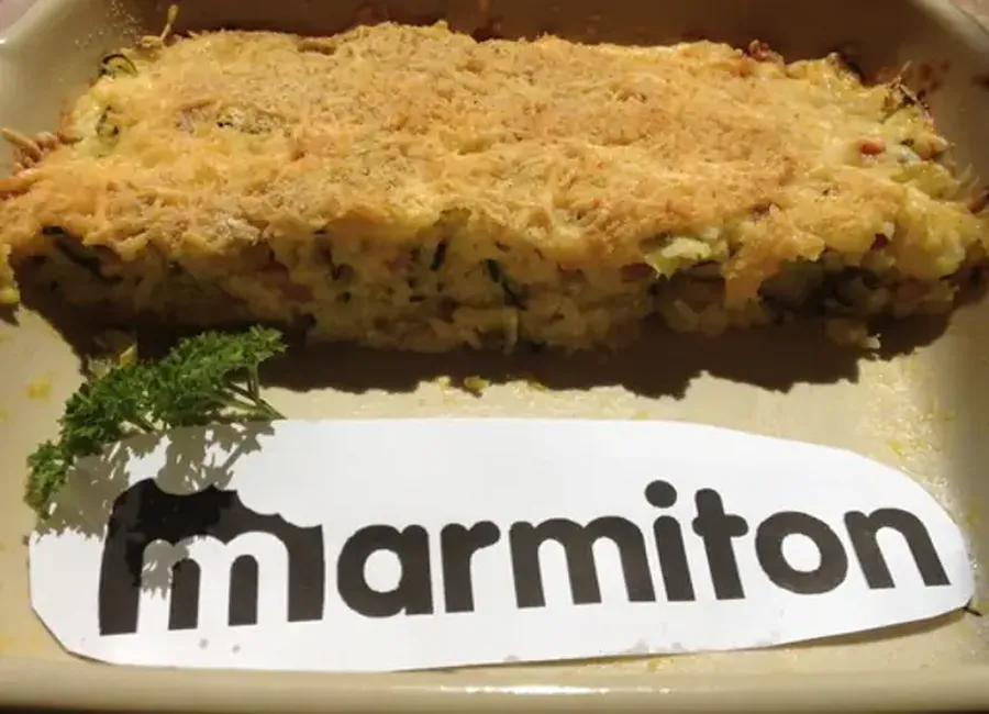 Gratin de courgettes, riz et lardons