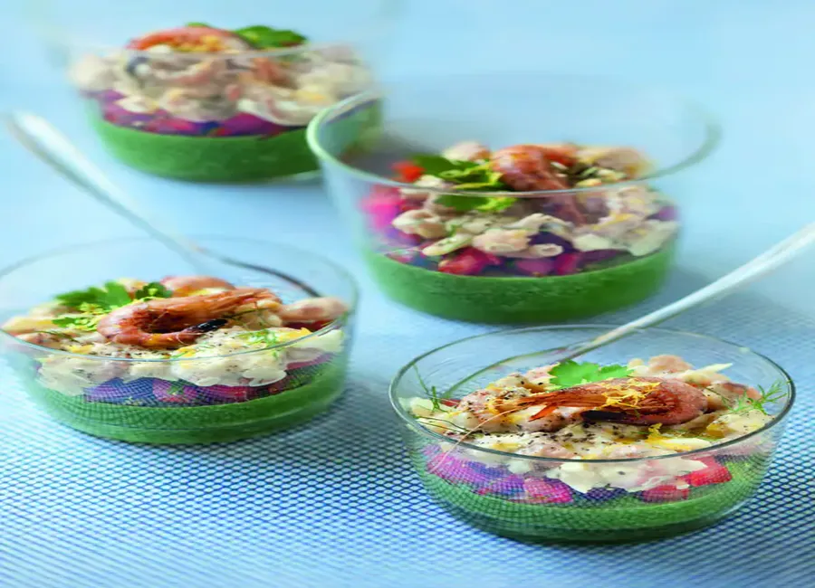 Verrines de crevettes grises à la mousse de cresson