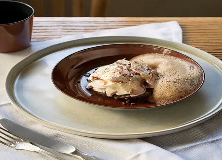 Champignons, oeuf confit et café