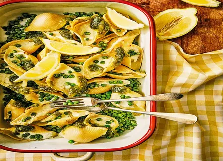 Conchiglioni aux petits pois, ricotta et pesto