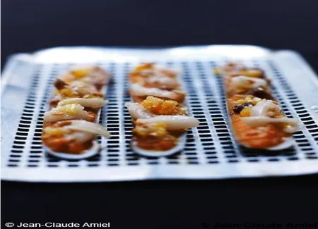 Couteaux de mer, abricots et dattes, mousseline de potimarron au vieux comté