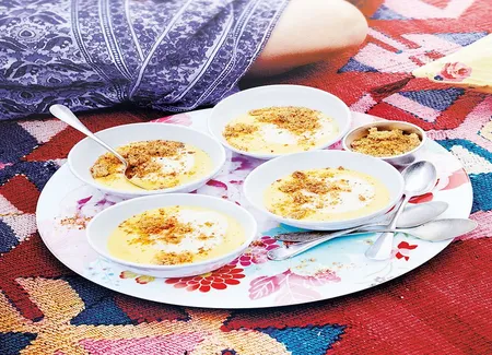 Crème au citron et au basilic, crumble et yaourt de brebis