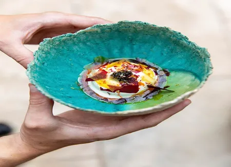 Cristal carottes braisées, sorbet orange et éclats du potager