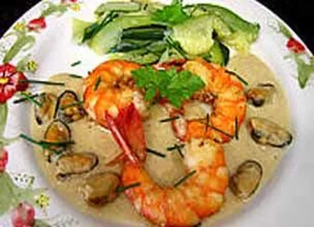 Gambas à la crème d'oignons et au madère
