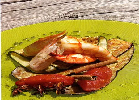 Gambas cameron à la plancha, confiture de tomate et pesto de basilic