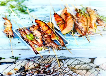 Gambas et melon grillés