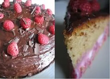 Gâteau fourré ricotta-framboises glaçage chocolat